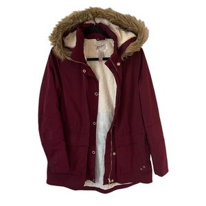 Arizona Faux Fur Hood Sherpa Lined Winter Coat Large Maroon Red